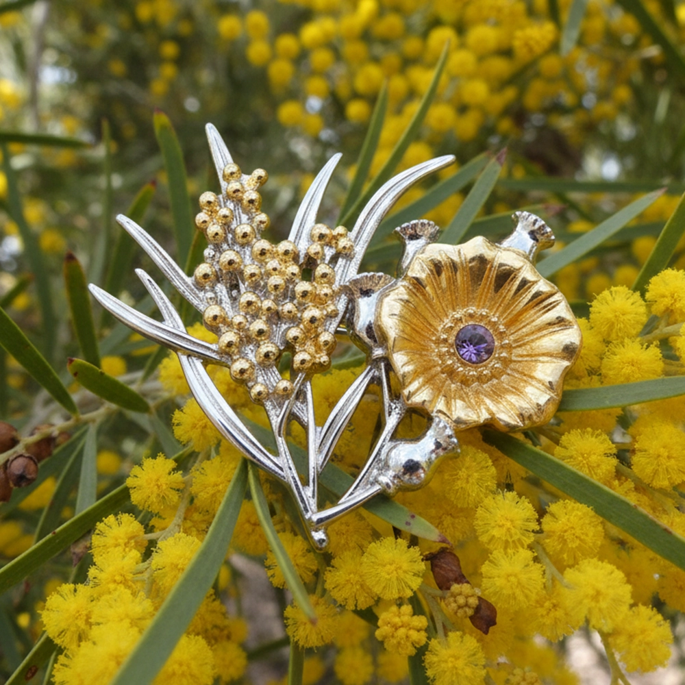 Model wearing Black Obsidian Poppy Brooch