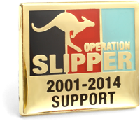 The rectangular Operation Pin is showing the tri-service colours of navy blue, red and light blue in vertical stripes set in a Gold plate face with a leaping kangaroo in Gold and words Operation Slipper printed over. The word Support sits at the bottom of the lapel pin face.  